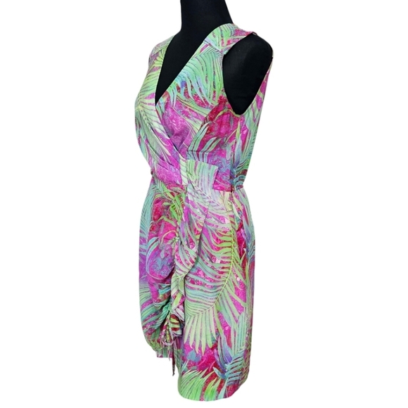 Nanette Lepore Palm Paradise Printed Silk Sleeveless Ruched V-Neck Dress Size 2 - Picture 3 of 16